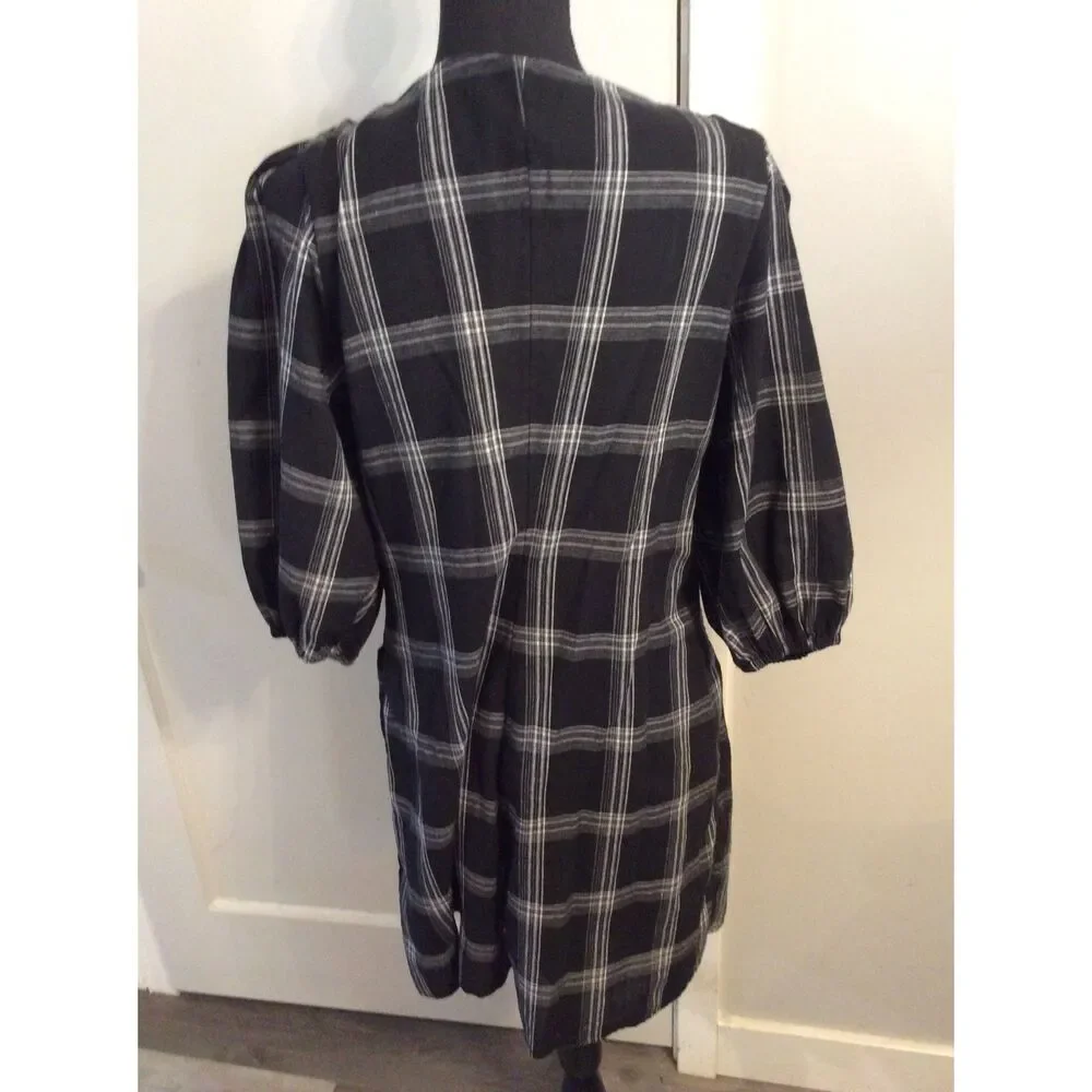 Free People Size 12 V neck Dress 3/4 Sleeve black white Plaid VNC